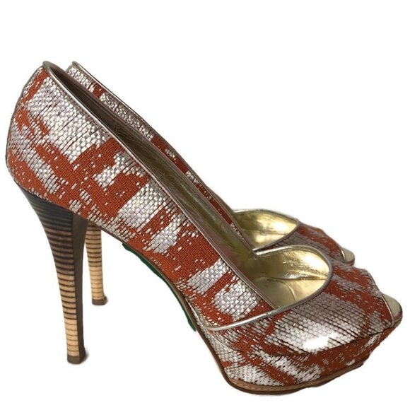 Claudia Ciuti Orange & Gold Platform Peeptoe Heels - Picture 1 of 5
